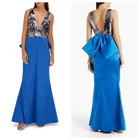 SACHIN + BABI Topanga Blue Gown with Silver Sequins and Bow Sleeveless Size 6 - Picture 1 of 9